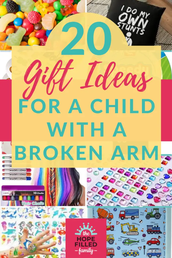 What can I buy for a child with a broken arm? Here are 20 ideas to go in your care package or gift basket, all of which make practical and fun gifts for a child or teenager.